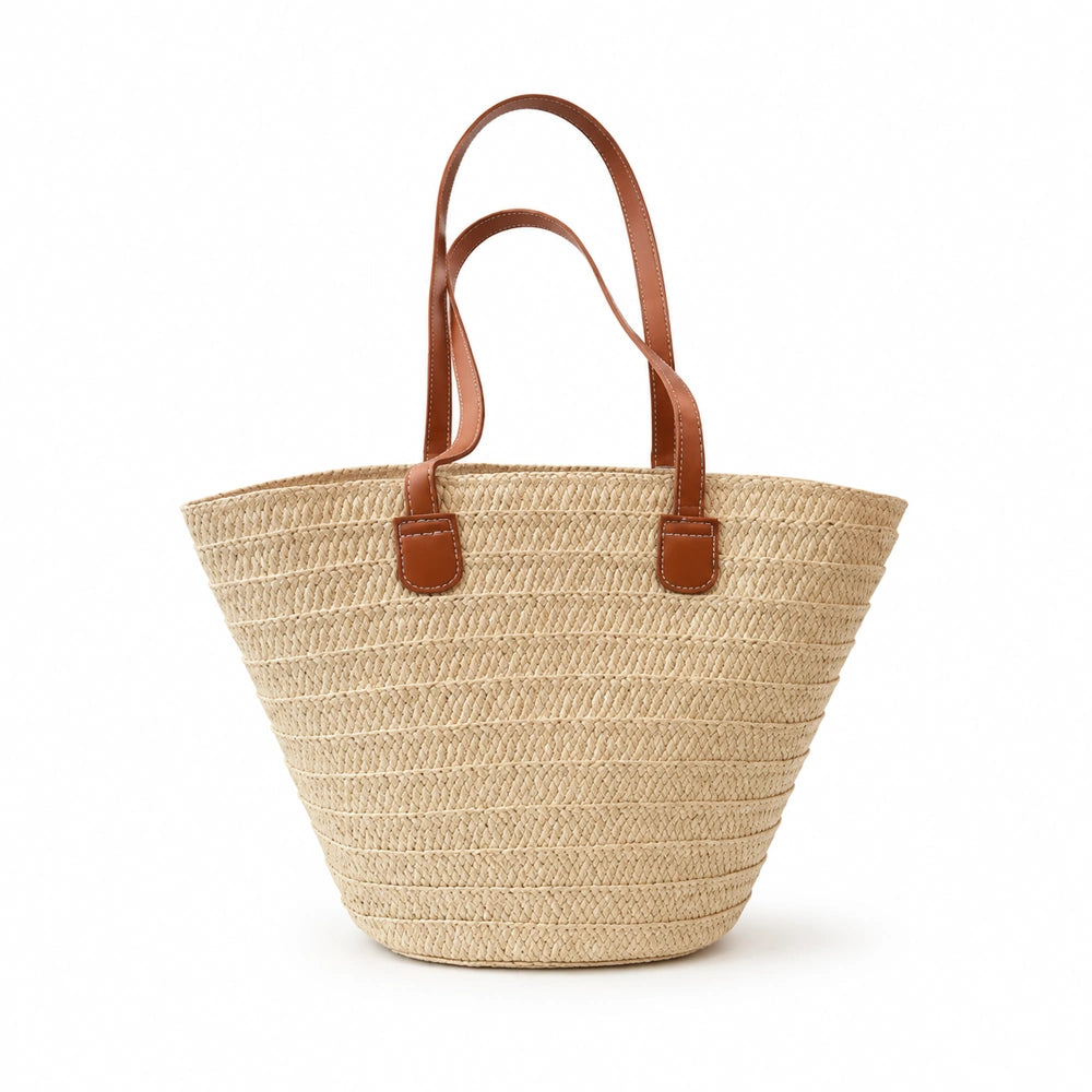 Sac cabas raphia et cuir beige