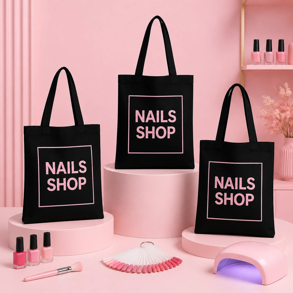 Tote bag noir tissu logo nails shop