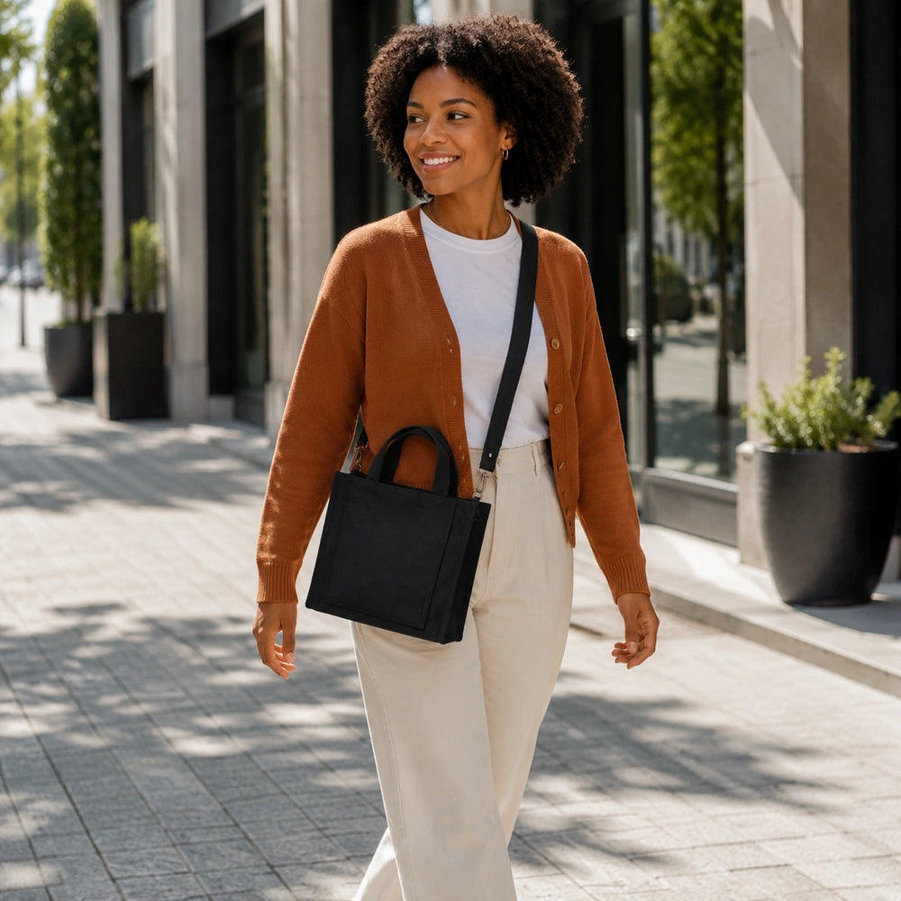 Tote bag velours noir porté par une femme noire