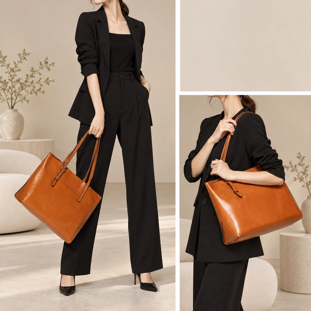 Sac cabas en cuir marron grande capacité porté à la main et à l’épaule