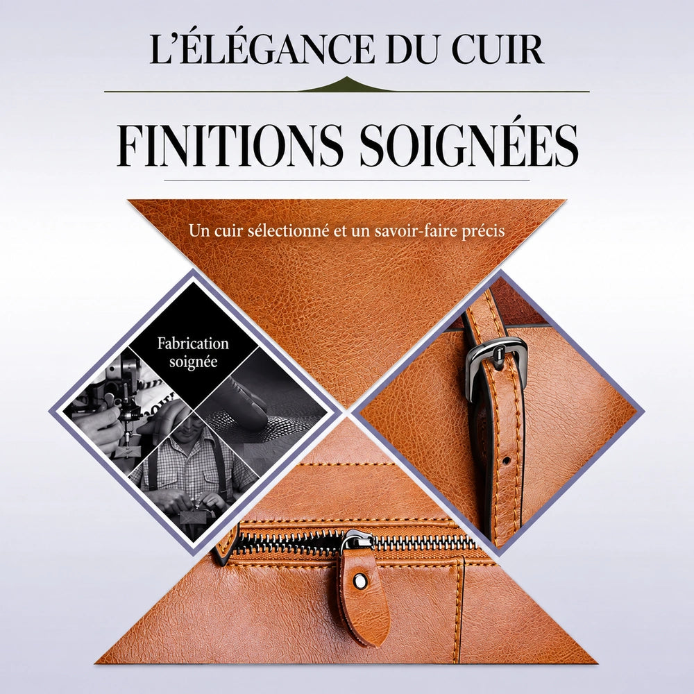 Détails des finitions et coutures du grand sac à main en cuir