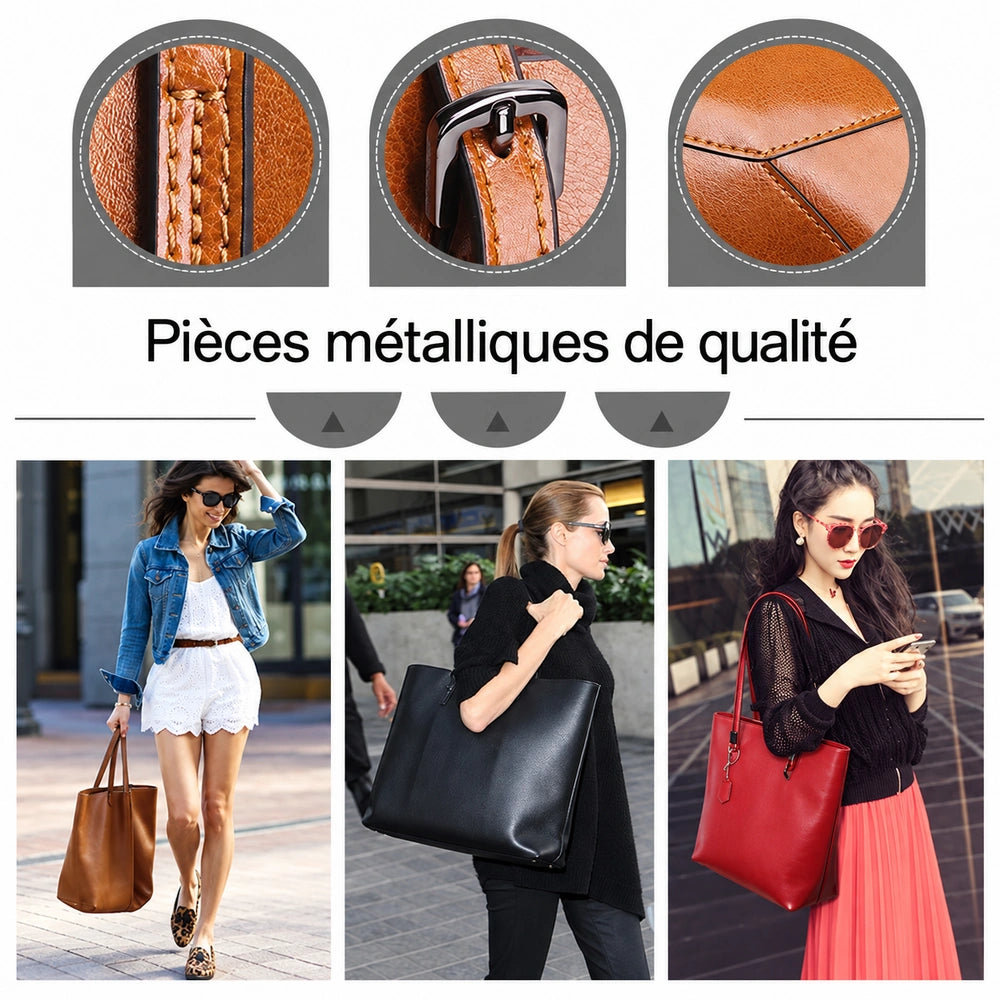 Pièces métalliques et exemples de portage du sac cabas en cuir