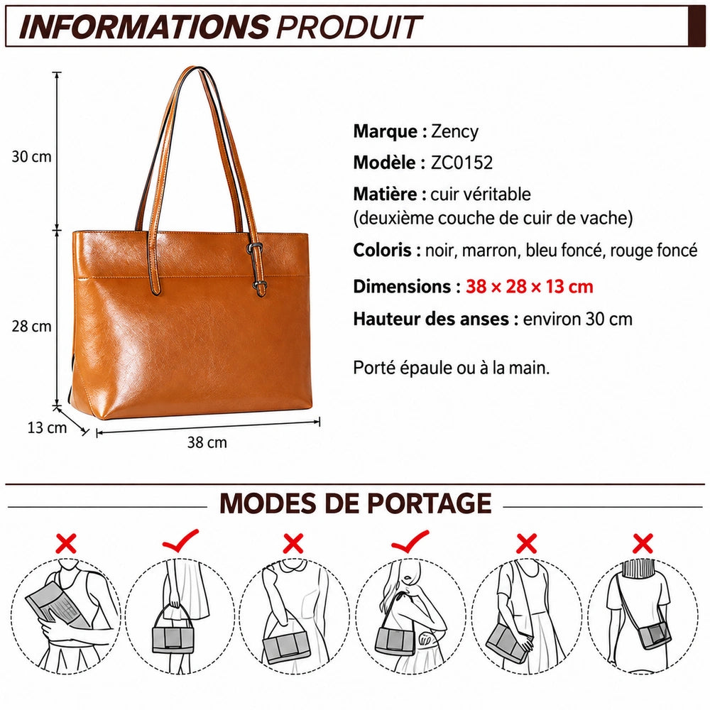 Dimensions du grand sac à main cuir Zency 38 × 28 × 13 cm