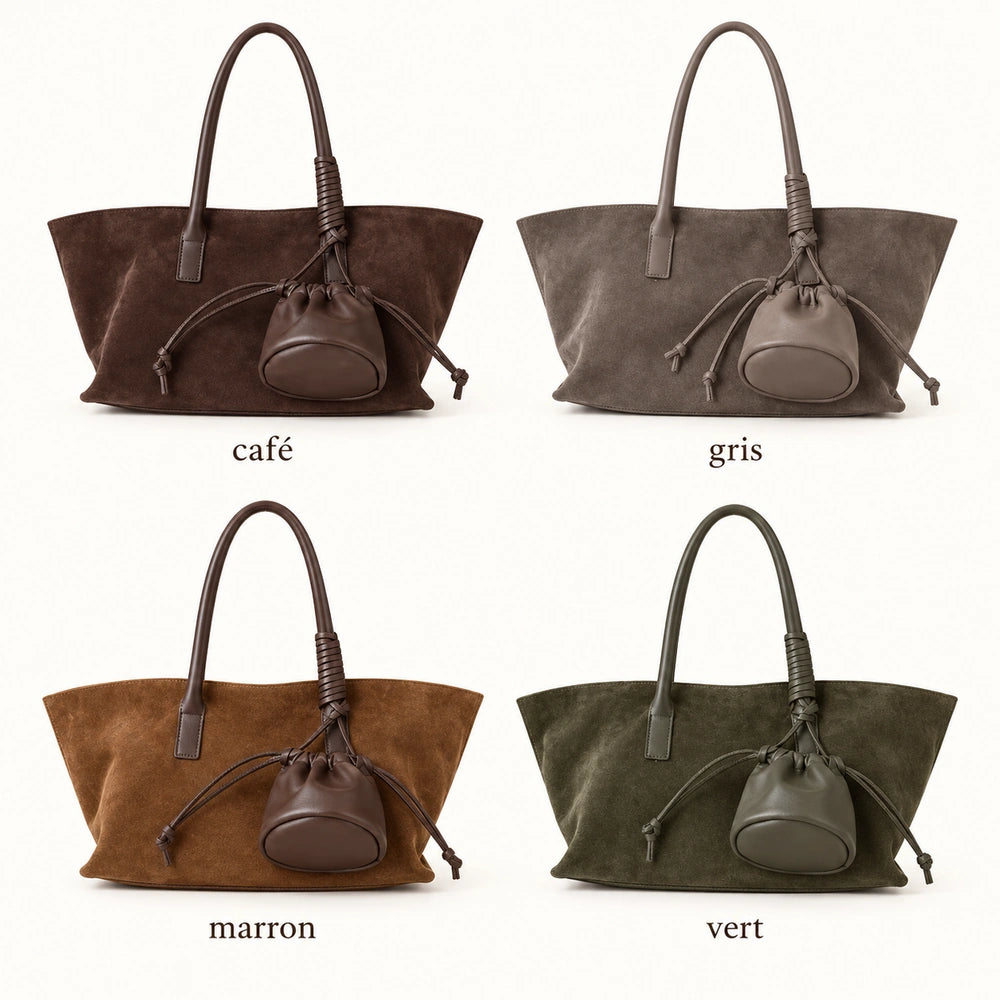 Grand sac à main daim décliné en café, gris, marron et vert