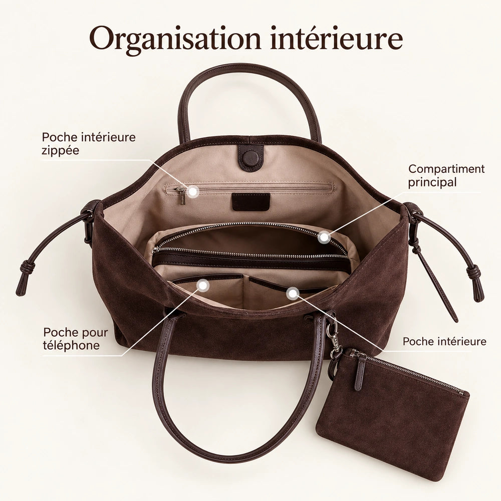 Intérieur organisé d’un grand sac à main en daim marron