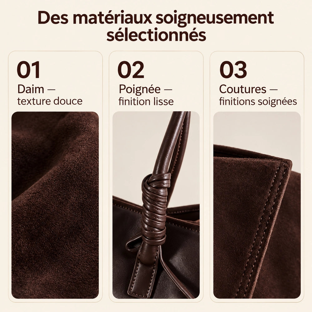 Texture, poignée et coutures d’un grand sac en daim