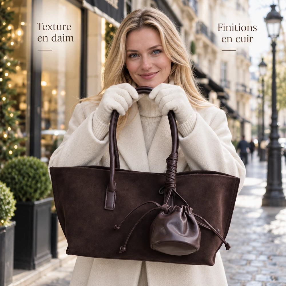 Grand sac à main daim café porté par une femme blonde