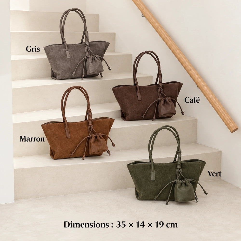 Grand sac à main daim en quatre coloris, dimensions 35 × 14 × 19 cm