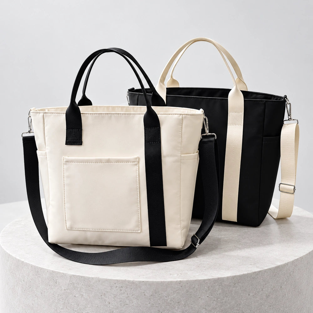 Grand sac à main fourre-tout blanc et noir en nylon