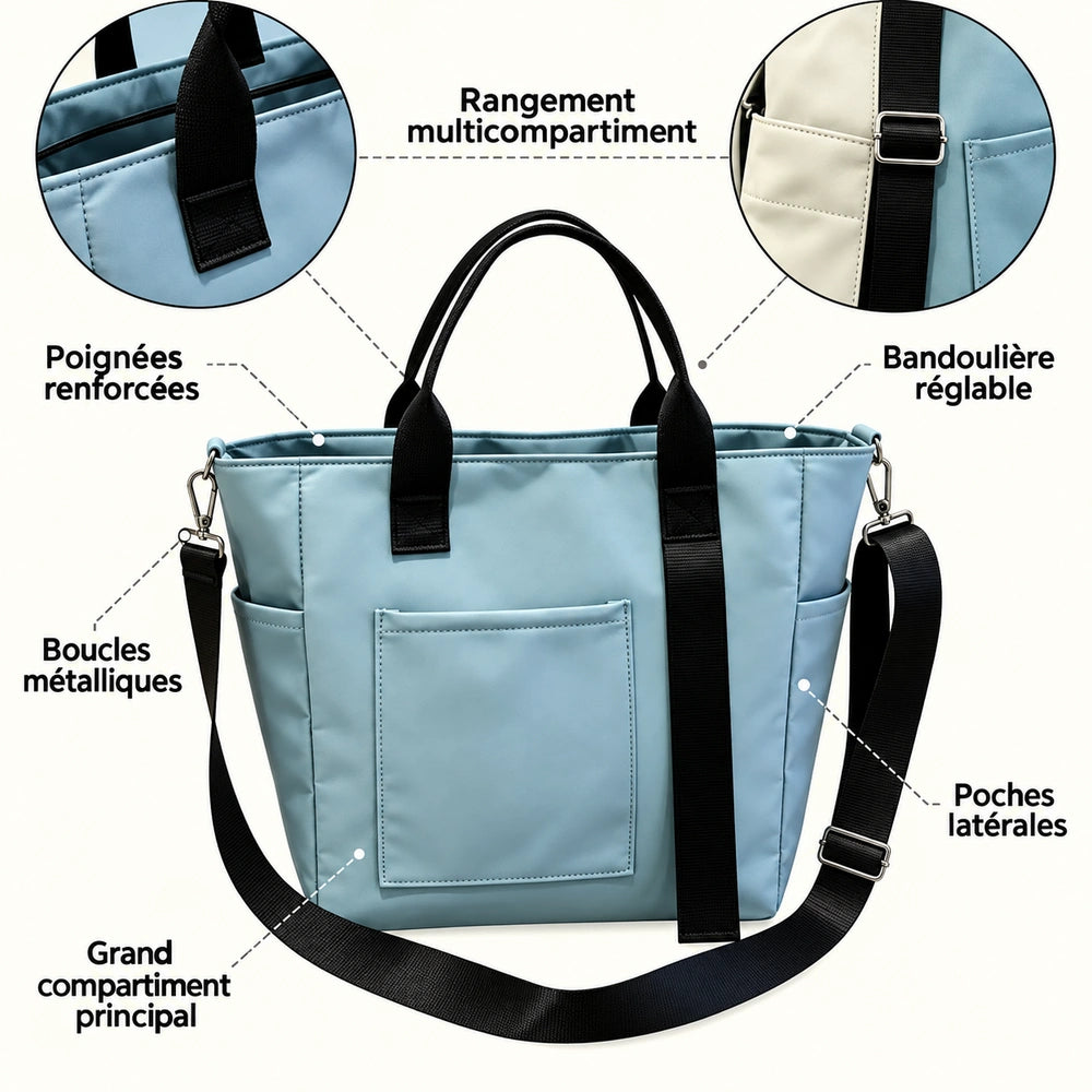 Grand sac fourre-tout bleu avec poches et bandoulière