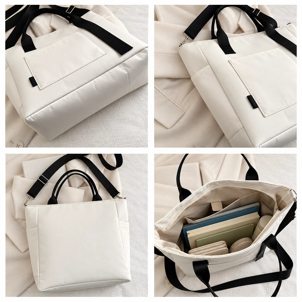 Détails extérieurs et intérieur du sac fourre-tout blanc