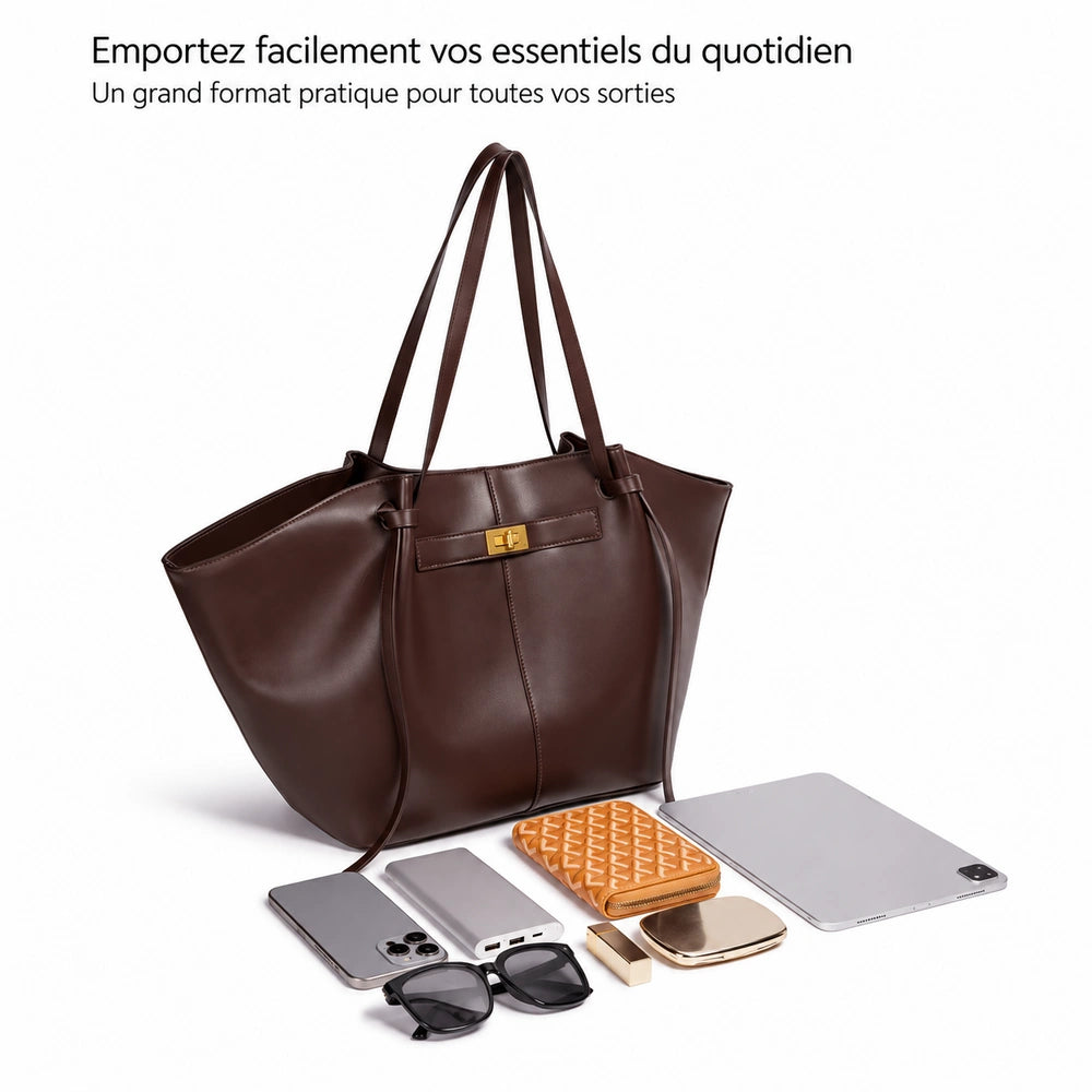 Grand sac à main marron avec tablette et accessoires