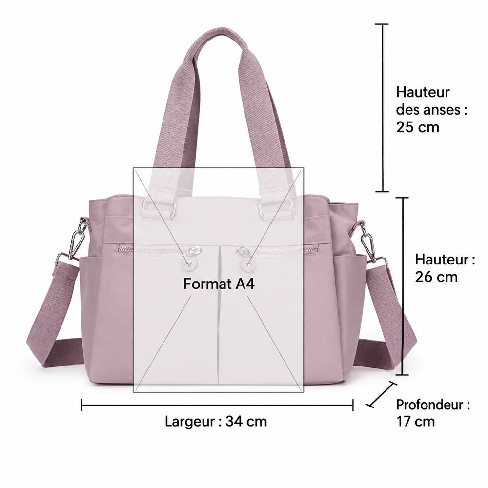 Dimensions du grand sac à main multipoches mauve au format A4