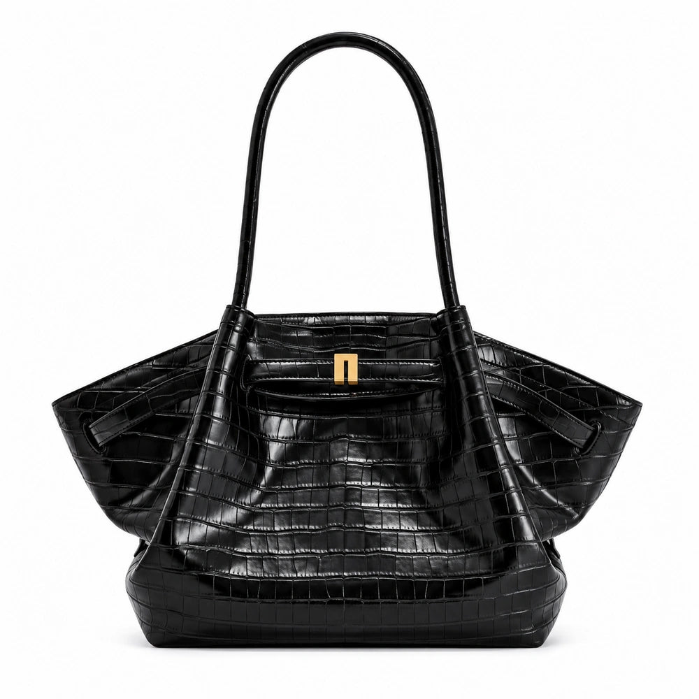 Grand sac à main noir cuir crocodile