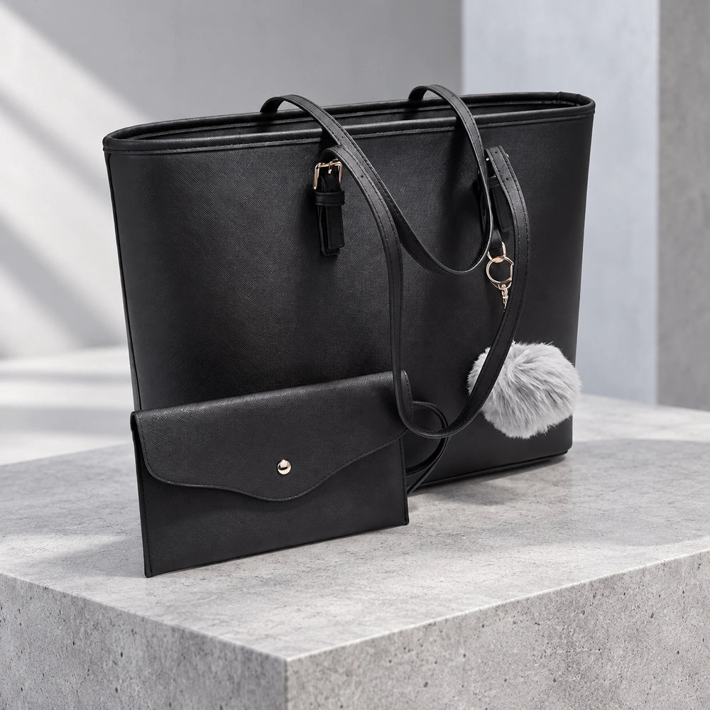 Grand sac à main rigide noir en cuir PU avec pochette