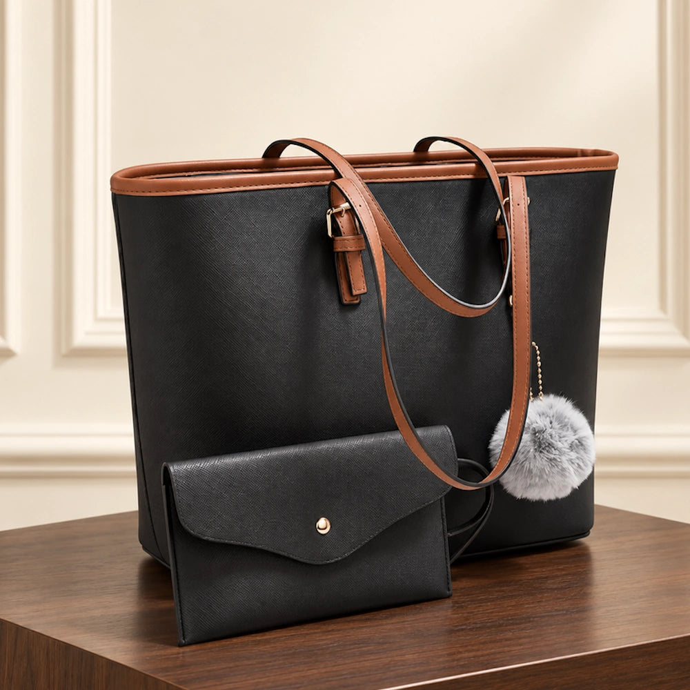 Grand sac à main rigide noir avec finitions marron
