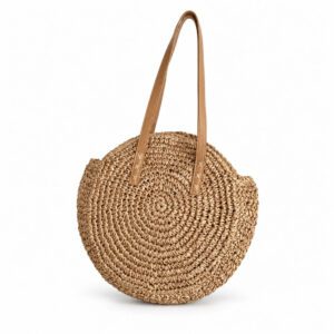 Grand sac à main rond en paille naturelle sur fond blanc