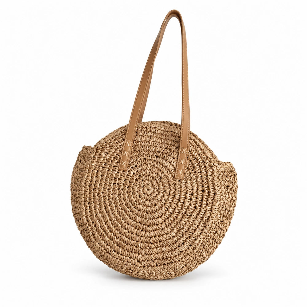 Grand sac à main rond en paille naturelle sur fond blanc