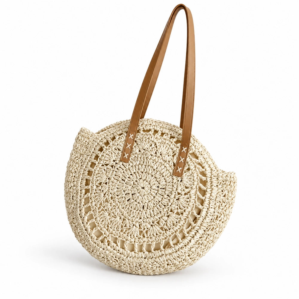 Grand sac rond ajouré ivoire avec longues anses marron