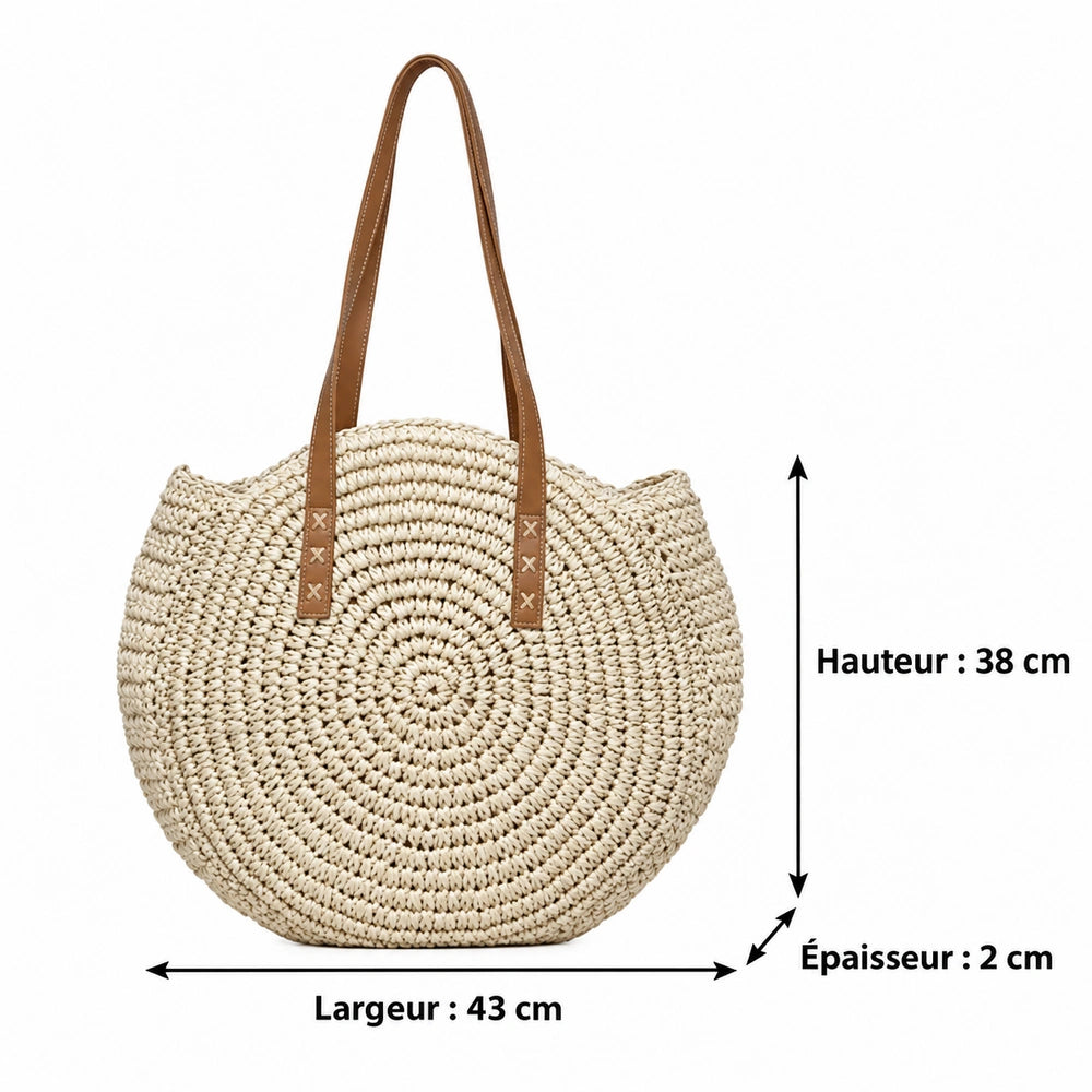 Dimensions du grand sac rond en paille de 43 × 38 × 2 cm
