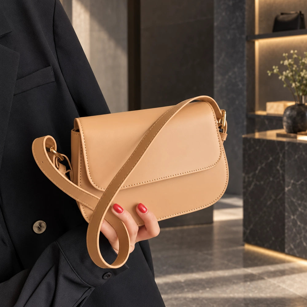 Petit sac à main beige porté avec une tenue noire