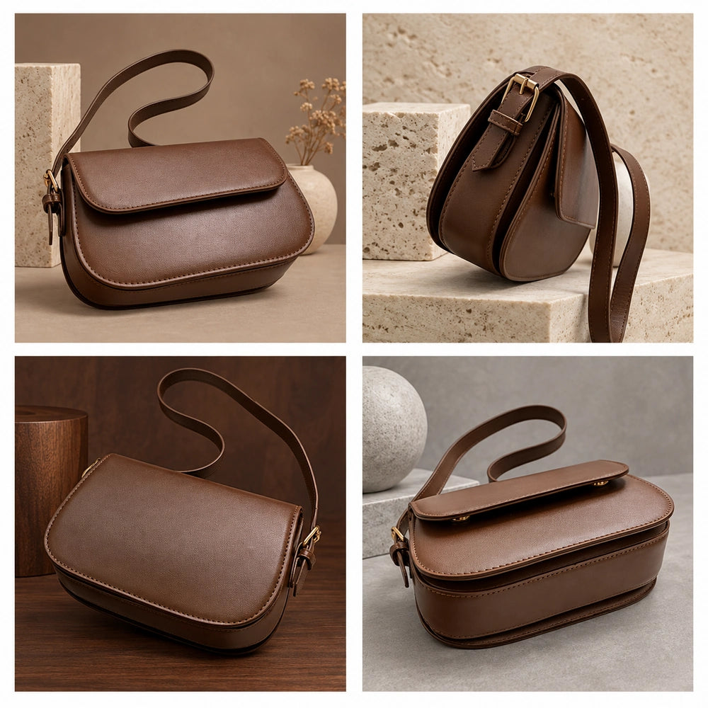 Petit sac à main beige bandoulière porté avec un manteau noir