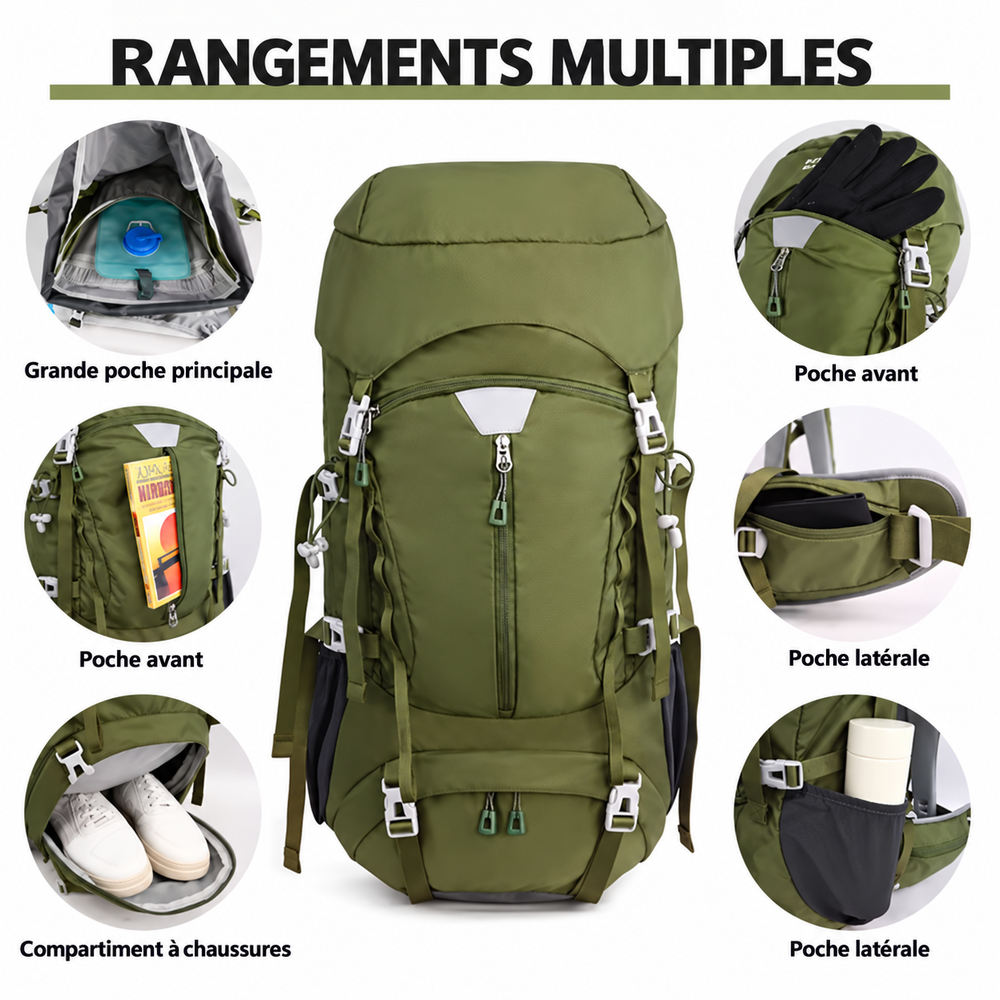 Sac de randonnée 50L rangements multiples