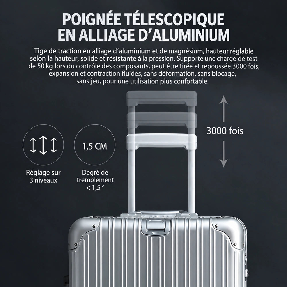 Valise cabine aluminium poignée télescopique